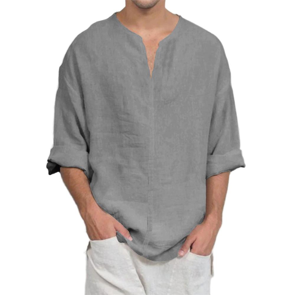 Cotton Linen V-neck Long Sleeve T-shirt for Men Casual Solid Color Lightweight Breathable Cozy Tops Male Fashion Tees