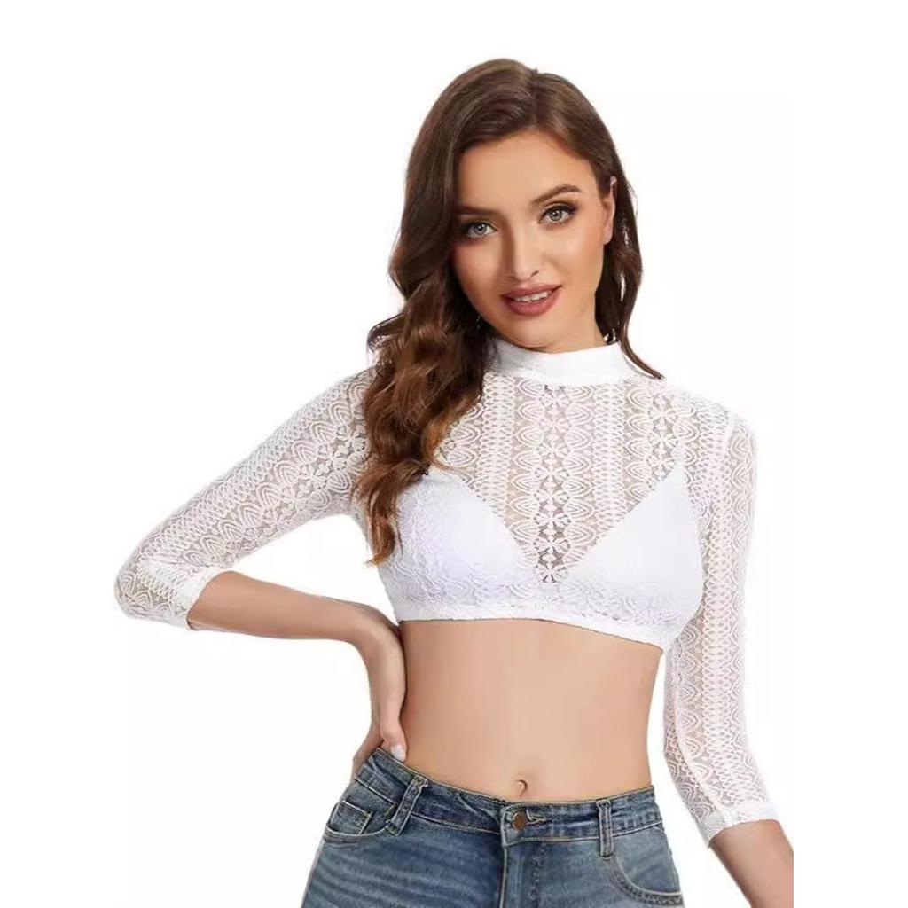 Women's Lace High Neck Crop Top Shirt Oktoberfest Style Sheer Mesh Blouse Three Quarter Sleeve Festival Shirt