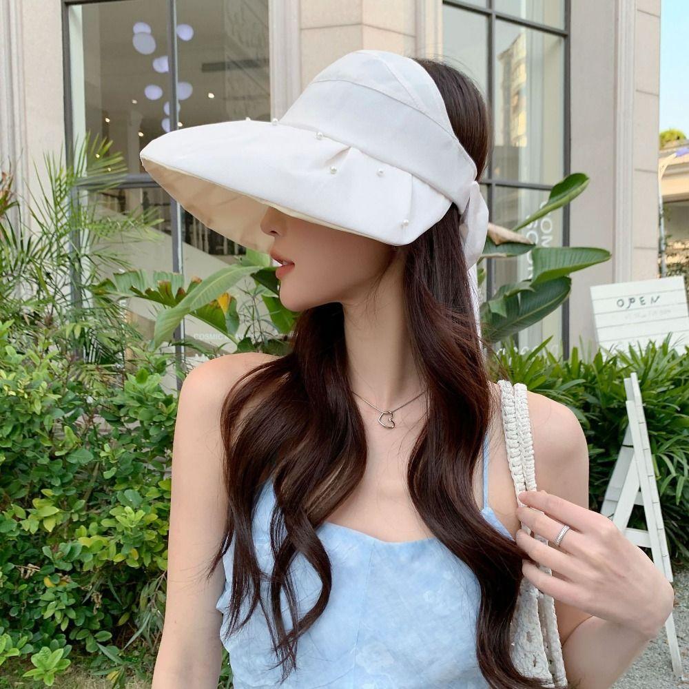 Windproof Women Pearl Bucket Hat Sun Protection Beach Cap Sun Cap  Summer Spring Autumn