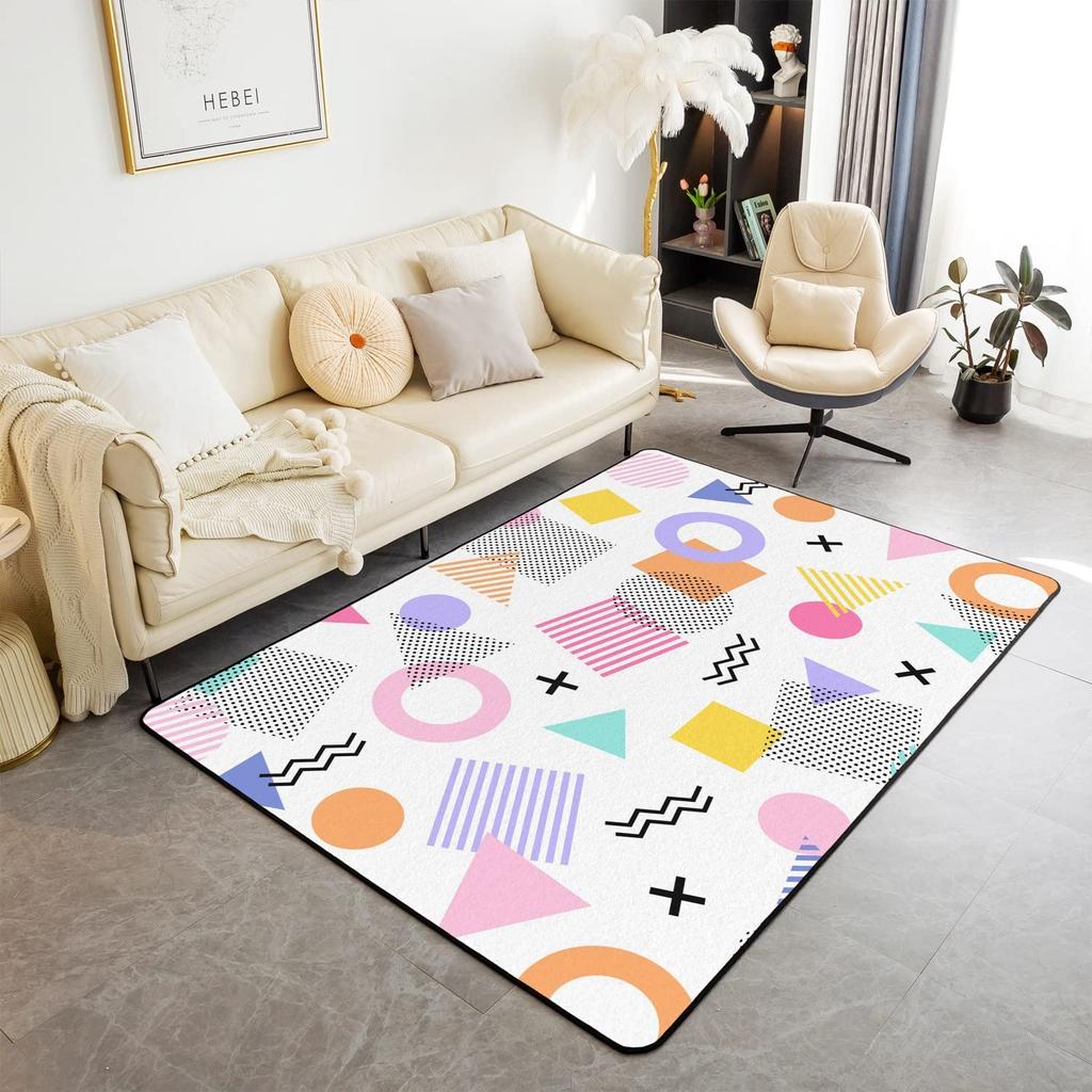 Memphis Area Rug, Hipster Retro Doormat, 80s 90s Hip Hop Funky Colorful Pop Art Inspired Carpet for Playroom Geometric Floor Mat