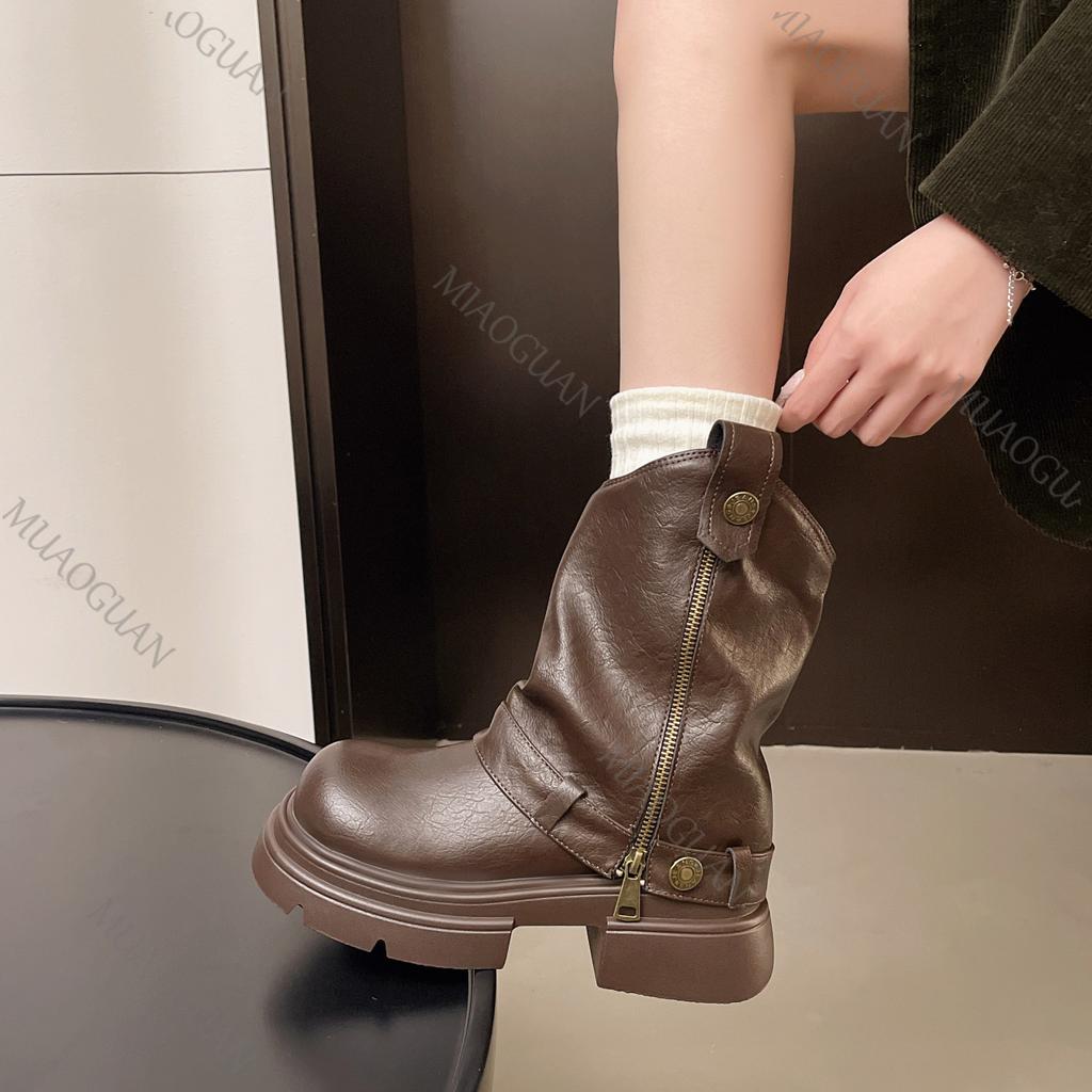 Fashion Vintage Women Motorcycle Boots British Style Platform Ladies Shoes Autumn Chunky Heeled Solid Short Booties Zapatos De Mujer