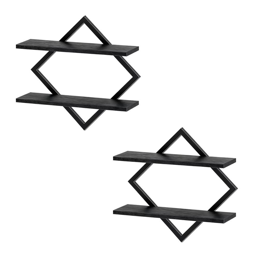 2PCS Organizer 2-Tier Wood Floating Shelves Space Saving Wall Mounted Storage Rack Decorative Display Shelves Office
