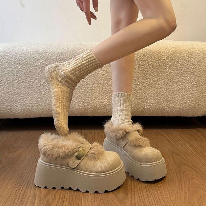 Height-increasing muffin fashion versatile Birkenstocks popular retro thick-soled fluffy cotton shoes new in autumn and winter
