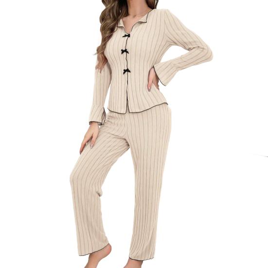 Women's 2 Piece Pajama Set Long-Sleeve Top with Bow And Long Pants Sleepwear Set Casual Fall Loungewear Pjs Set