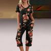2 Stück/Set Damen Blumenprint Loungewear Set V-Ausschnitt Kurzarm T-Shirt Taschen Elastische Taille