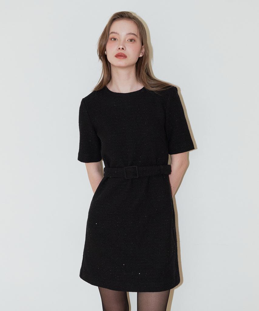 VEM.VER Belted Half Sleeve Tweed Dress_Black