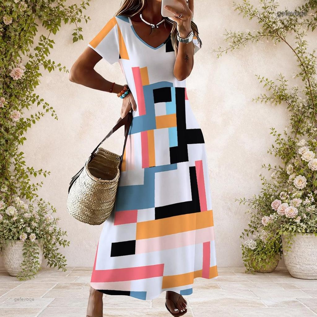 Women Plus Size V Neck Short Sleeve Black Printed Straight Maxi Dress