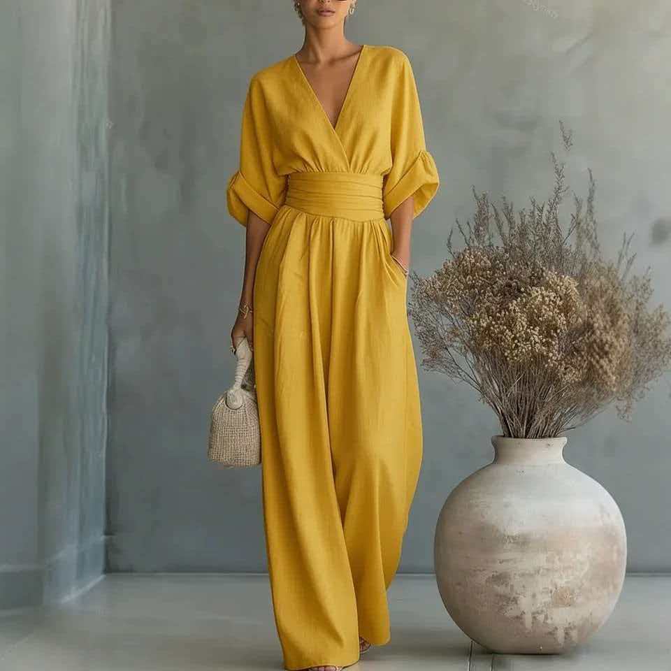 2026 European and American cross-border Amazon spring and summer new waist V-neck women s jumpsuit European and American style jumpsuit S
