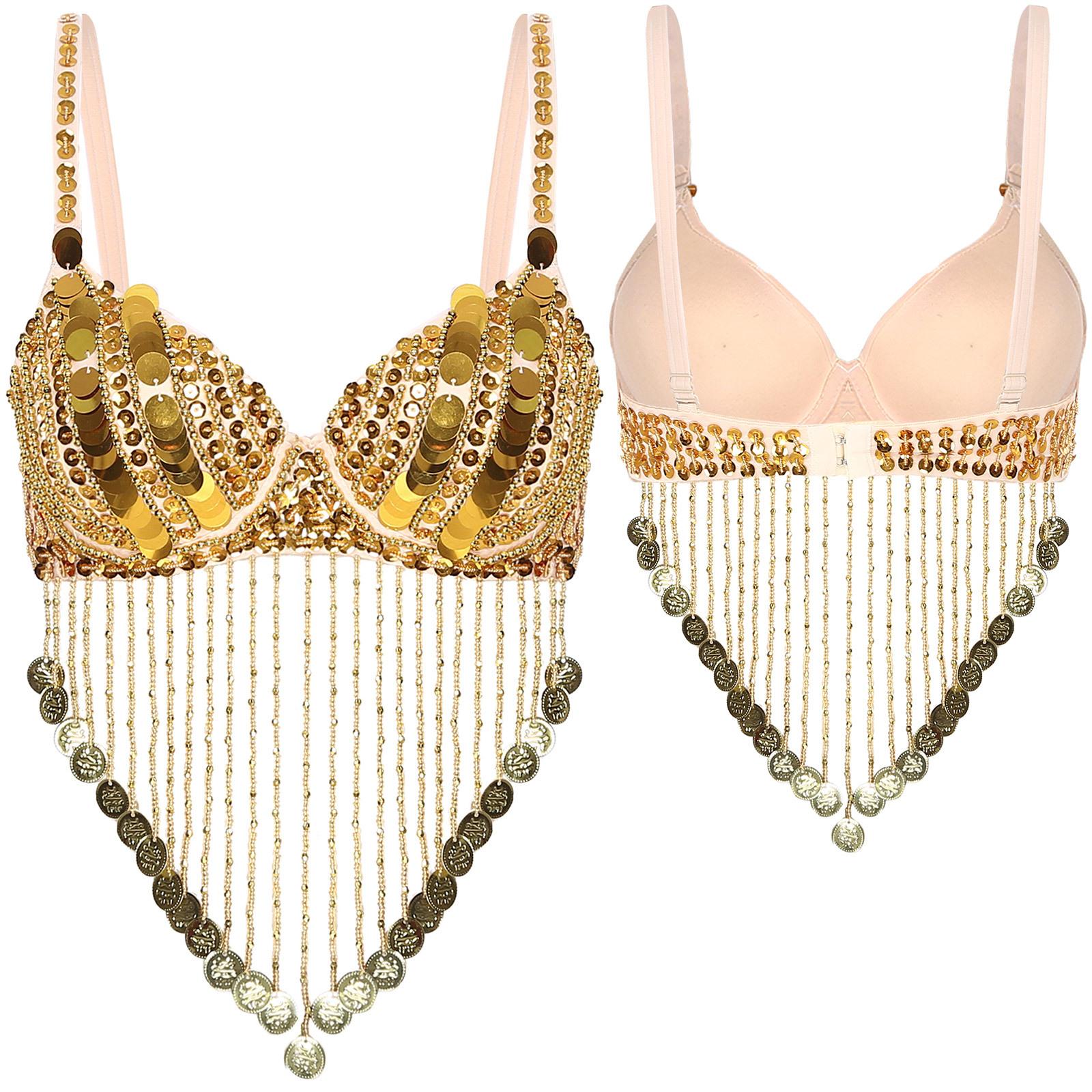 

Женский блестящий бюстгальтер на косточках с блестками, бусинами, кисточками и топами для танца живота Rave One Size золотой