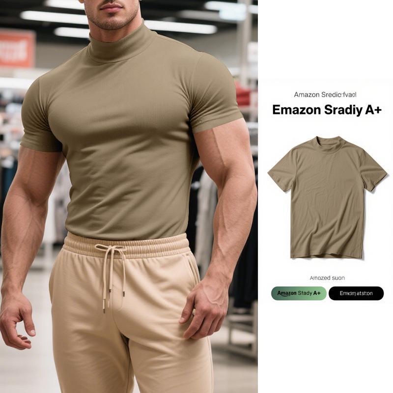 Summer New Men's Casual Semi-High Neck Slim Solid Color T-shirt - European & American Fashion.