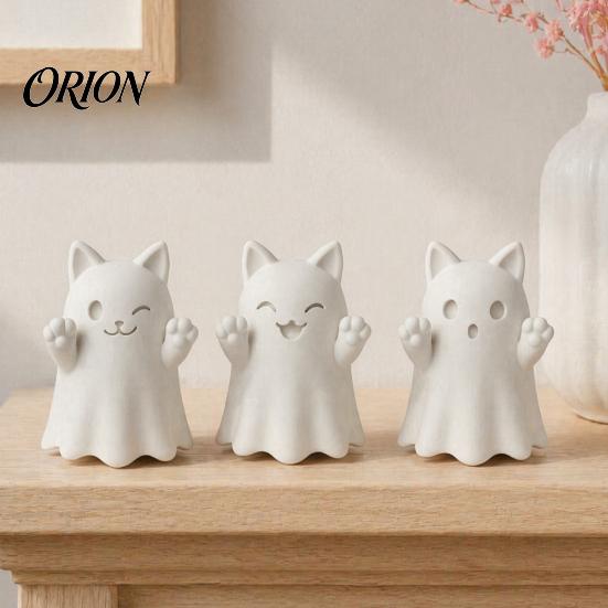 Collectible Art Figures 3D Printed Cute Ghost Cat Figurine, Wink Smile Surprise Spooky Halloween Decor, Unpainted Decorations Blank White DIY