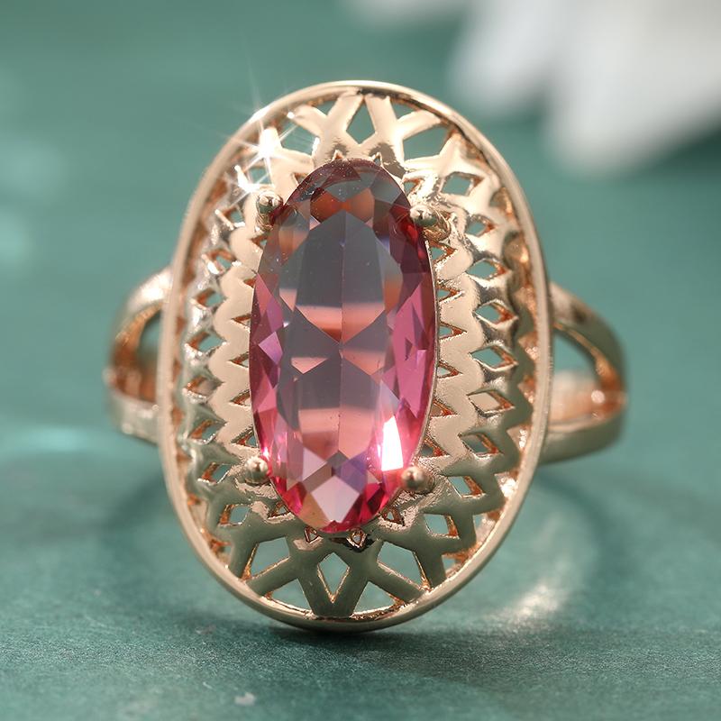 Rose Golden Classic Oval Synthetic Red Gemstone Rings For Women Hollow Carving Craft Luxury Wedding Rings Jewelry Gift