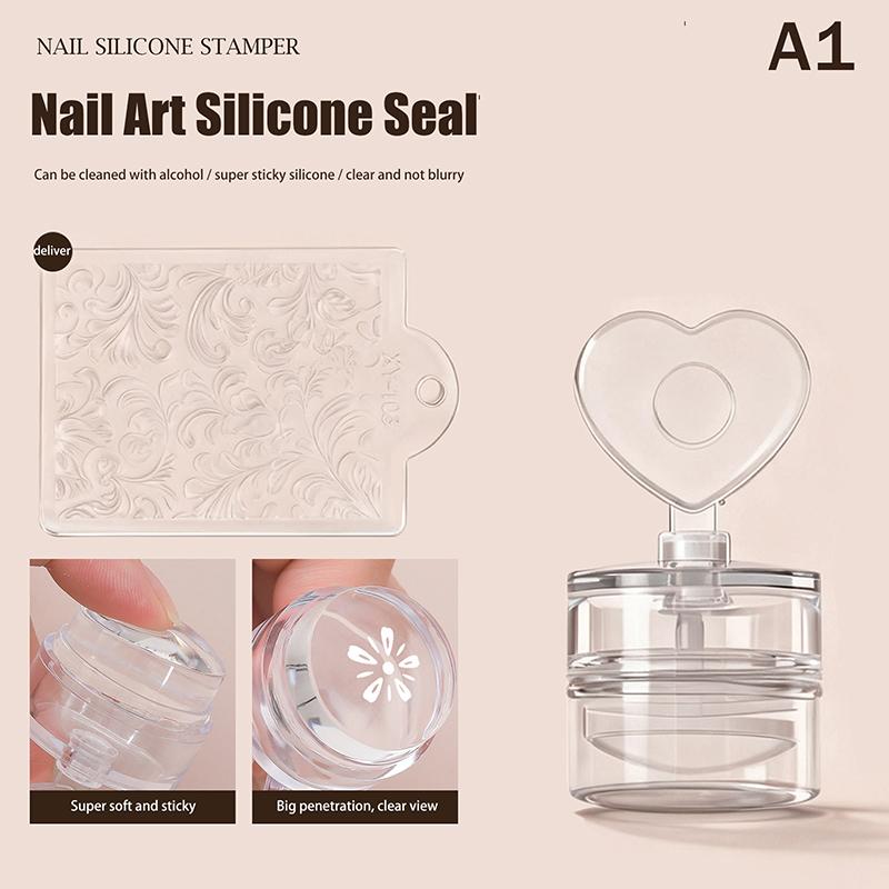Transparent Nail Stamper And Scraper Set Heart & Flower Shaped Jelly Silicone Head for French Style Nail Art Printing
