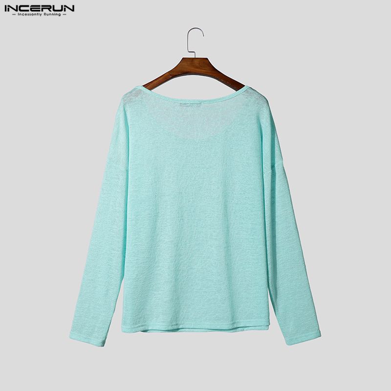 INCERUN Herren U-Boot-Ausschnitt Langarm Leicht Casual Oversized Halbtransparent Oberteile T-Shirts