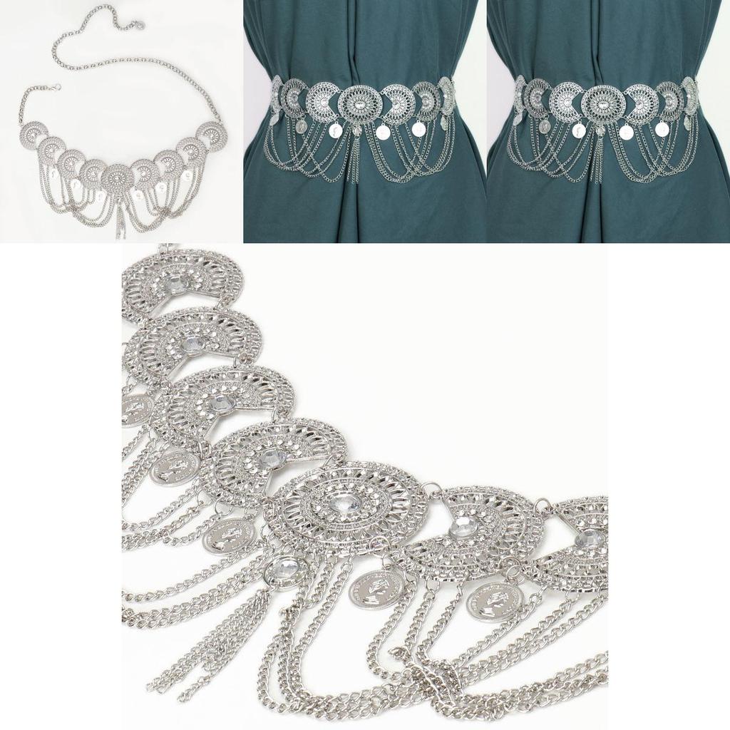 European Style Silver Metal Waist Chain With Sculpted Design For Boho Party And Stage Shows