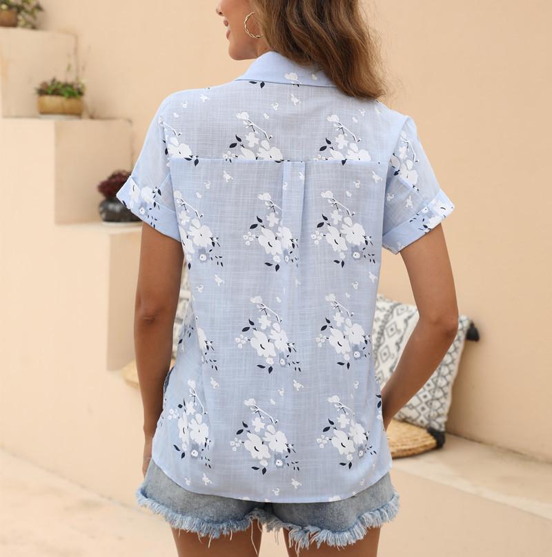 Women Cotton Linen Shirt Turn Down Collar Single Breasted Blouse White Yellow Blue Tops Summer Short Sleeve Floral Print Shirts
