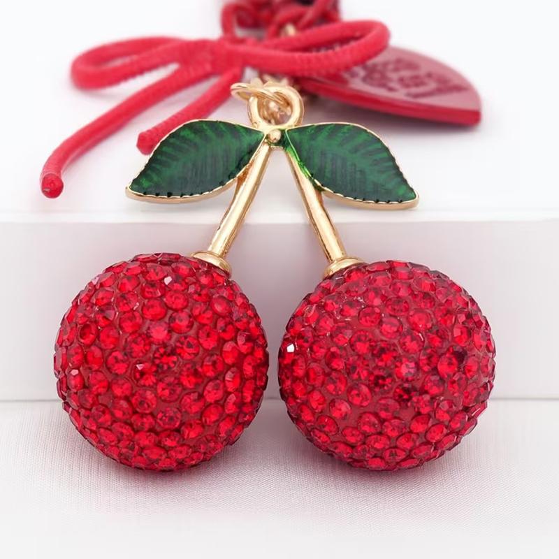 Big Size Red Rhinestone Cherry Keychain, Sparkling Red Cherry Pendant With Green Leaves, Red Heart & Bow Charms