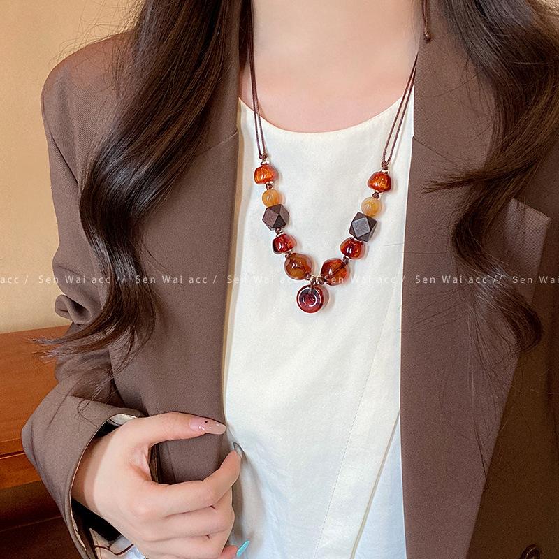 Vintage Wood Amber Special-shaped Resin Beaded Pendant Necklace Women's Leather Rope Ethnic Style Long Sweater Chain