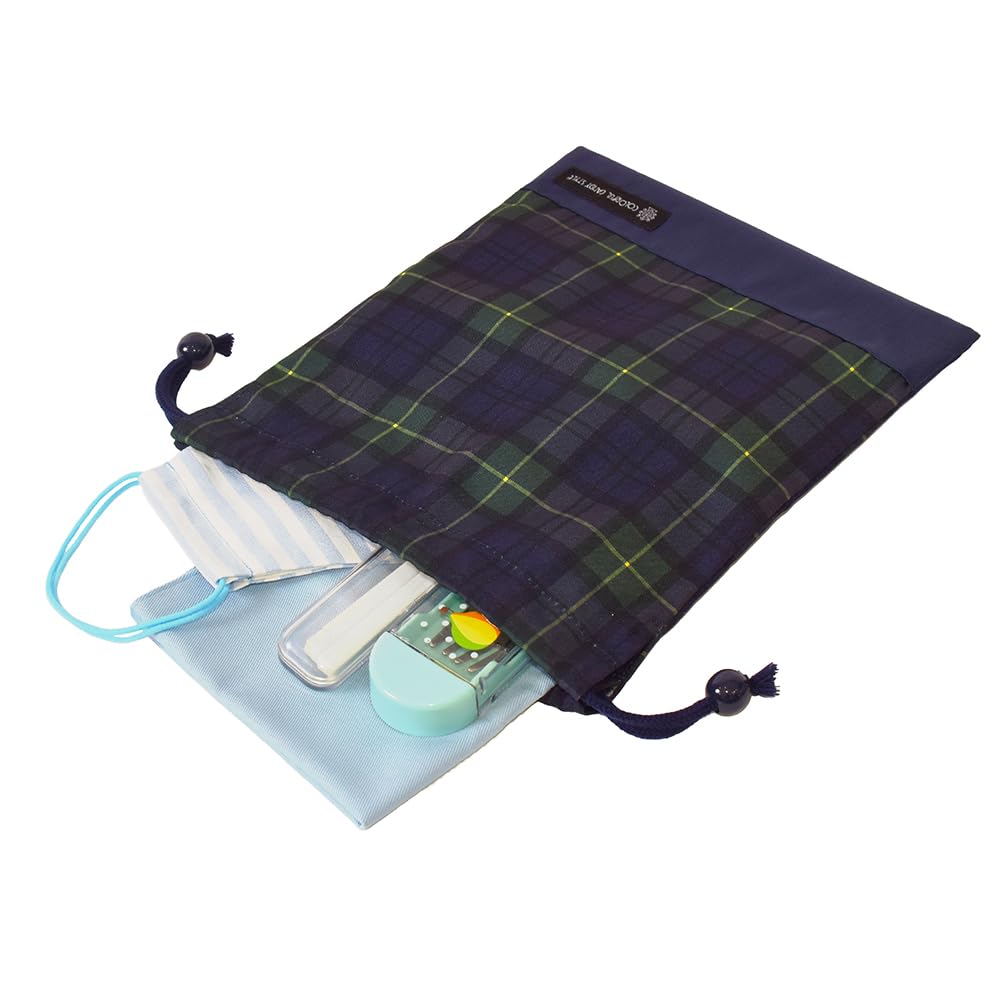 COLORFUL CANDY STYLE Drawstring Lunch Bag, Medium, No Gusset (with Name Tag), Water-Repellent, No-Iron, Tartan CheckDark Green, Water-Repellent,