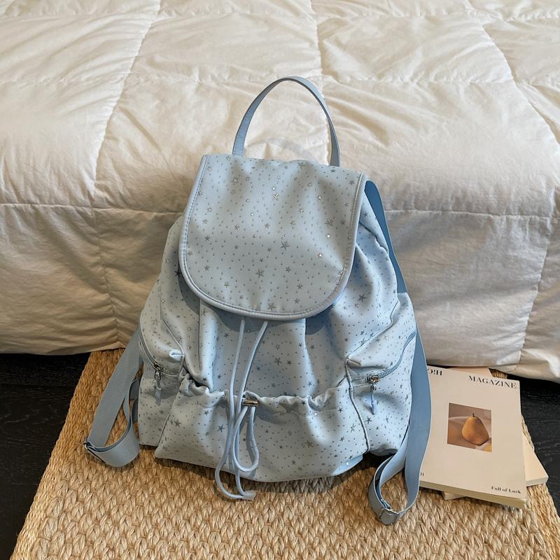 Womens Casual Star Print Backpack Drawstring Detail Adjustable Strap Large Capacity Minimalist Daily Bag for Commute Travel Everyday Use