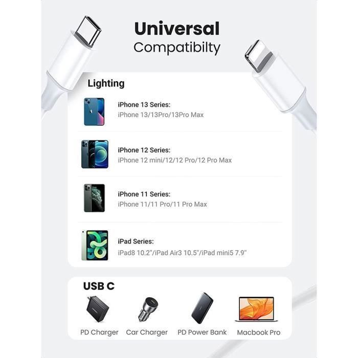 Câble USB C vers Lightning 1 m pour iPhone iPad Pro / Air