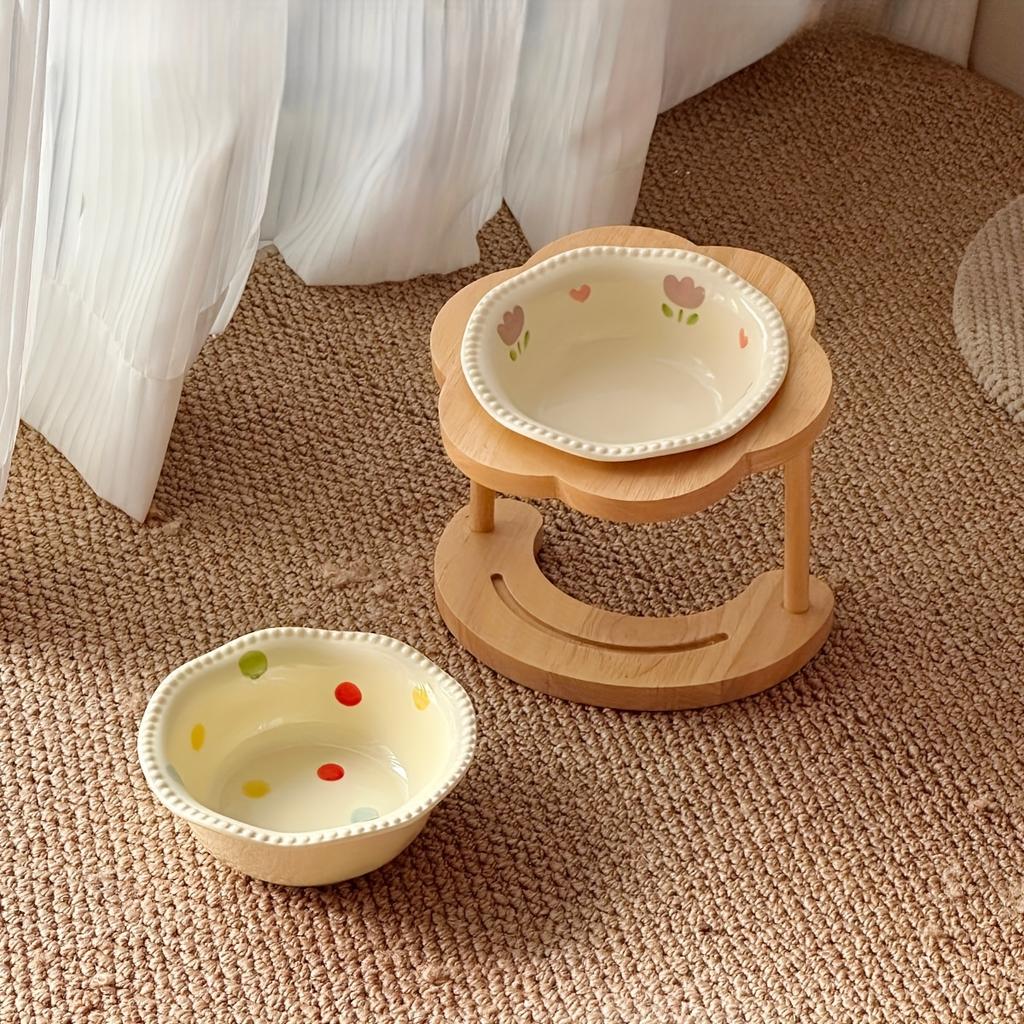 Elevated Ceramic Pet Bowl with Wooden Stand - Anti-Spill Cat Food Bowl & Dog Feeder, Neck-Protective Design for Cats and Dogs