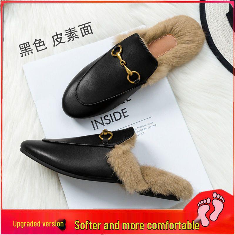 Черные женские пушистые мюли-тапочки ОсеньЗима 2025 Кроличий мех Закрытый носок Стильные и Уютные Size 40 2870₽