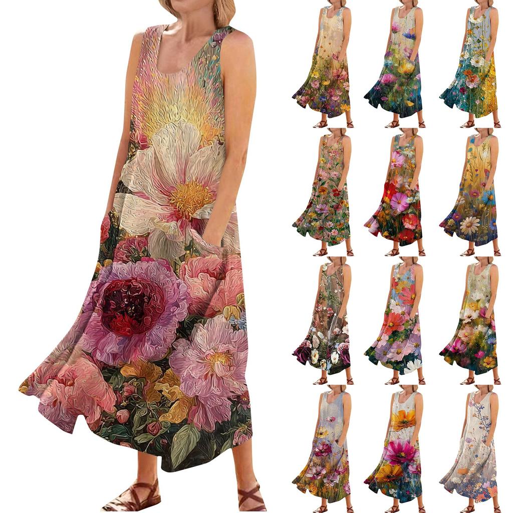 Women's Casual Fashion Flower Printed Sleeveless Pocket Dress
