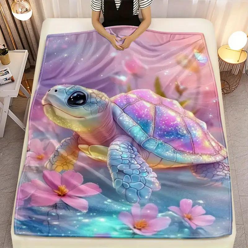 1 Floral Turtle Blanket - Soft and Lightweight Flannel with Pink and Purple Tone Floral Design for Sofa Bed Camping Office 130x150cm