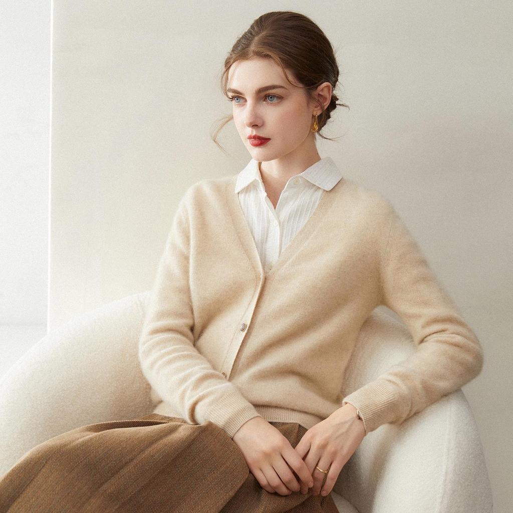 100% Pure Cashmere Women's V-neck Buttoned Cardigan Sweater - 2026 Autumn/Winter Collection