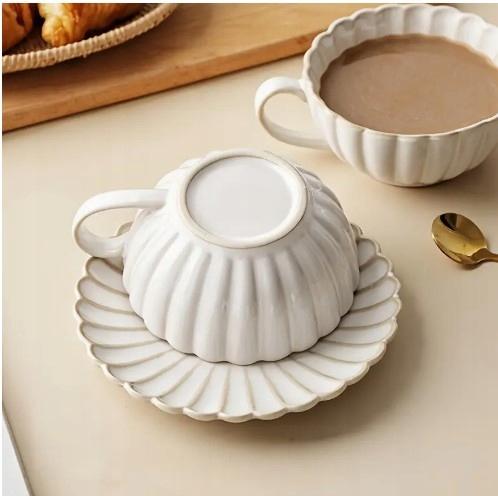 Elegant Ceramic Cup and Saucer Set for Tea Coffee White Large