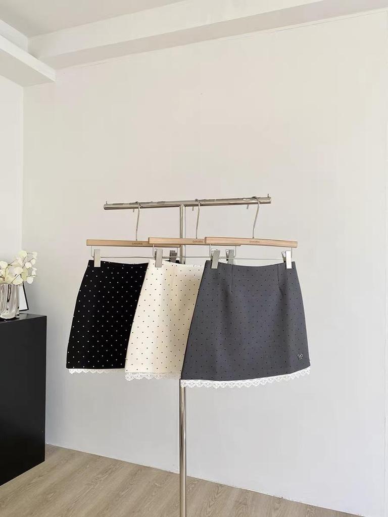 Polka Dot Lace Trim A-Line Midi Skirt, Spring/Summer 2025 Fashion, Petite High-Waist Hip-Hugging Fit