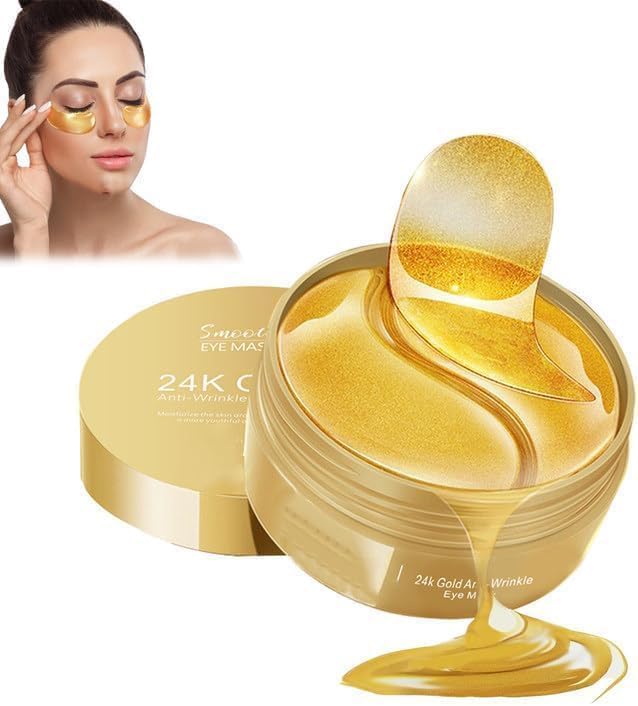 Under Eye 24k Gold Patches for Dark Circles with Pack of 60 Eye Cooling Gel Pads Hydrogel