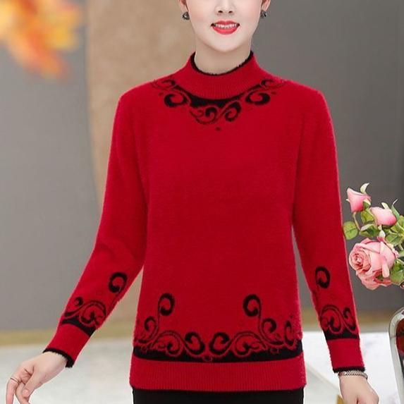 Women's Thick Faux Mink Fleece Sweater Autumn Winter Long Sleeve Printed Knitted Pullover Sweater Loose Warm Stretch Knit Sweater