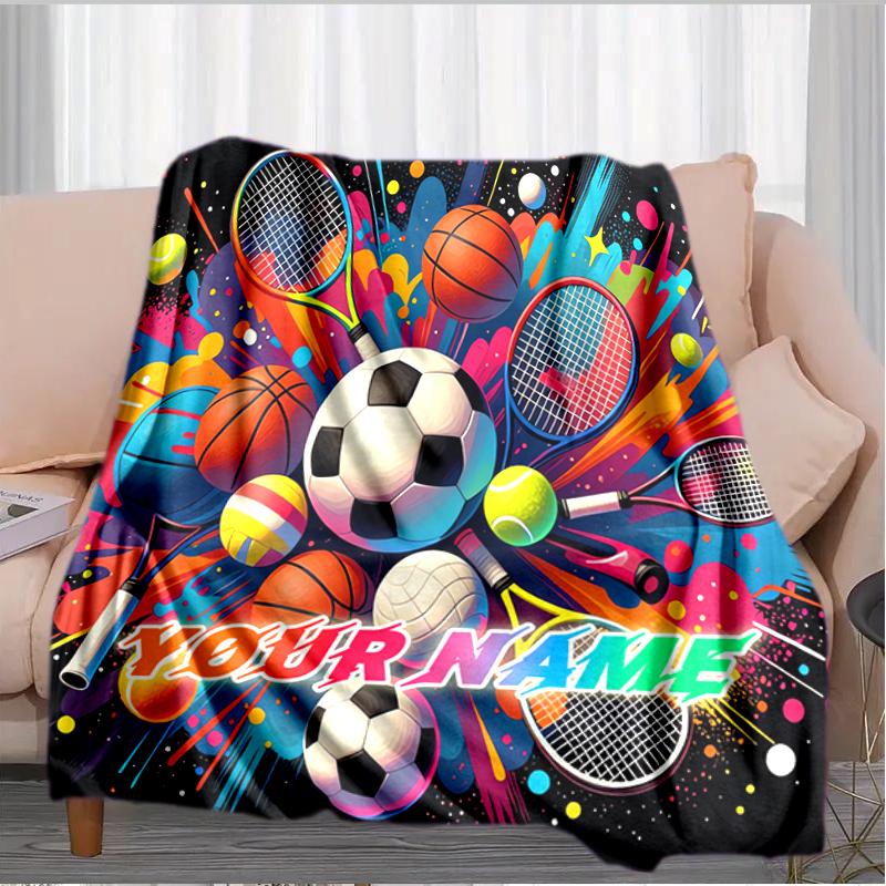 1PC Custom Name Sports Ball Celebration flannel blanket versatile,all-season throw suitable for the living room,bedroom,camping,travel,and gift
