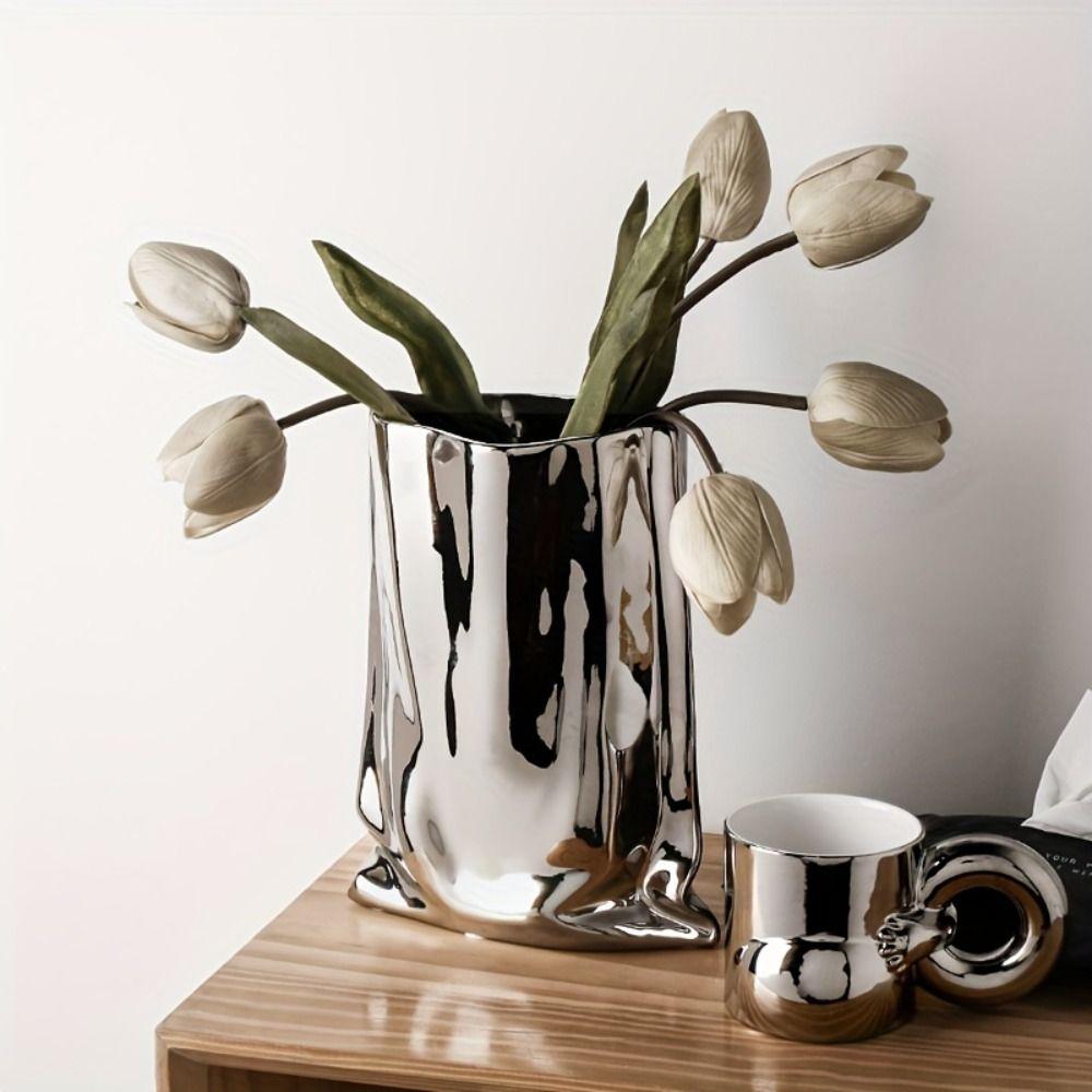 Light Luxury Electroplated Ceramic Vase Minimalist Hydroponic Flower Pot  Entrance Ornament