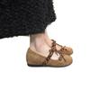 Retro heightening single shoes French suede round head light mouth leopard print bow Mary ballet shoes