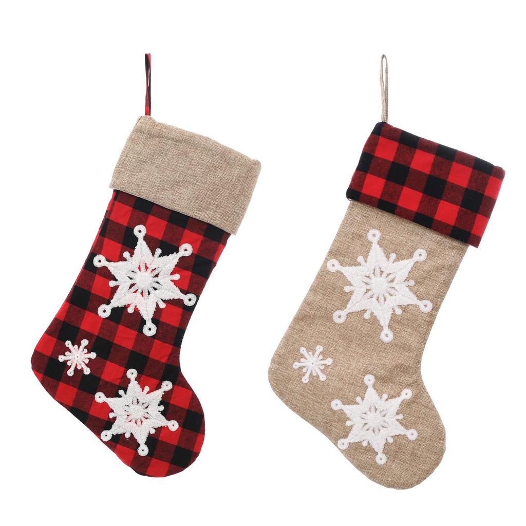 Plaid Christmas Stocking with Embroidery - Children's Gift Bag & Festive Decoration