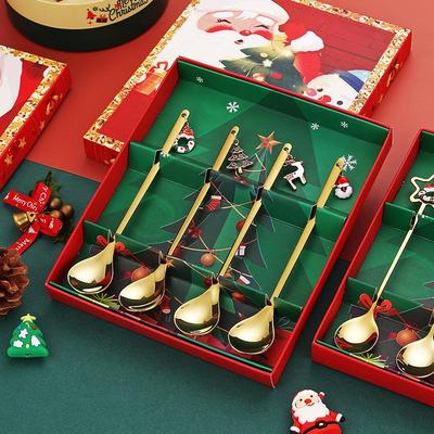 2/4Pcs Christmas Coffee Spoons Set Gold Christmas Stainless Steel Spoon Dessert Spoon Year Decoration For Tableware