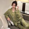 Summer High-End Green Fashion Lapel Pajamas Women'S Long-Sleeved Trousers Plant Flower Loungewear Set