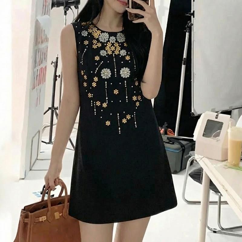 ZANZEA Women Casual Round Neck Sleeveless Print Dress S чёрный