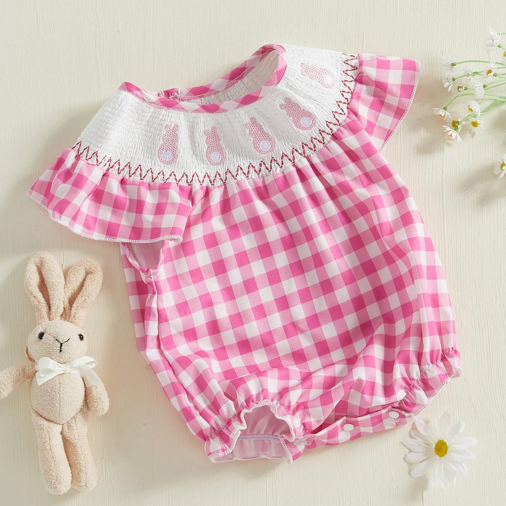 Baby Girl Casual Romper Plaid Print Bunny Embroidery Summer Fly Sleeves Jumpsuit for Newborn Toddler Cute Clothes