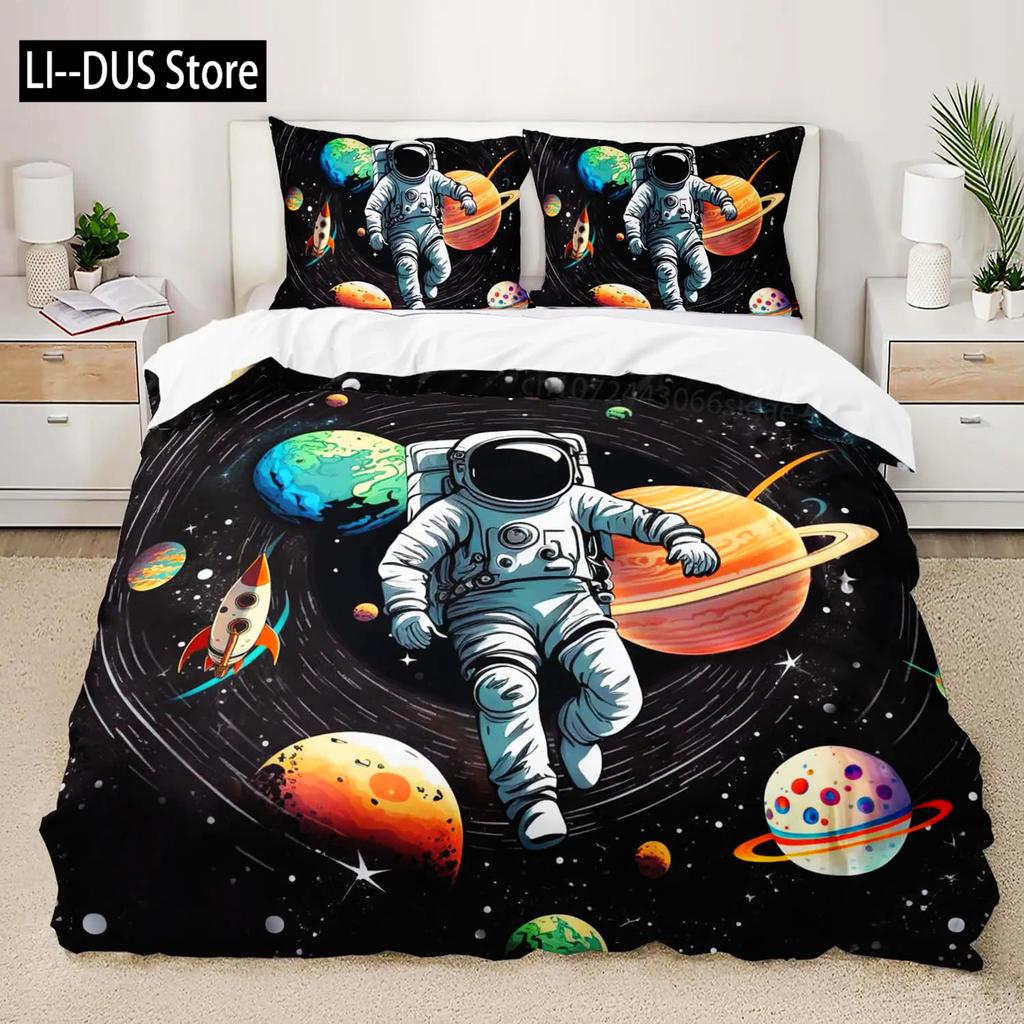 Astronaut Duvet Cover Set Cartoon Space Astronaut Decor Bedding Set Soft Breathable Comforter Cover With Pillowcase With Zipper