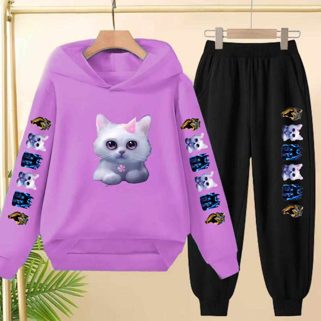 Children Clothes Sweatshirt Set Hooded Sweatshirt with Long Pants Cartoon and Lively Little Cat Girl Pink Set 3-13 Years Old Top