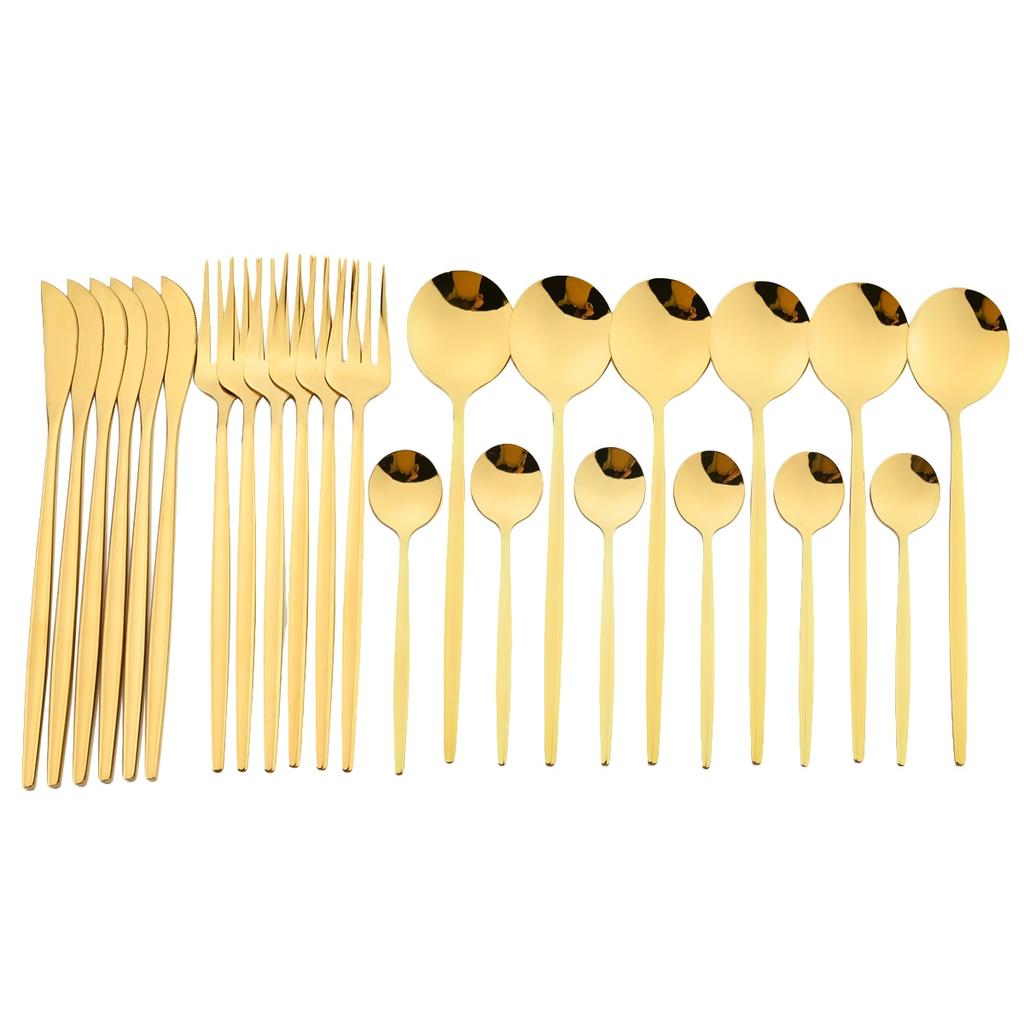 24pcs Black Gold Cutlery Set Mirror Stainless Steel Dinnerware Set Knife Fork Spoon Tableware Flatware Set Dishwasher Safe Kitchen Wedding Accessories