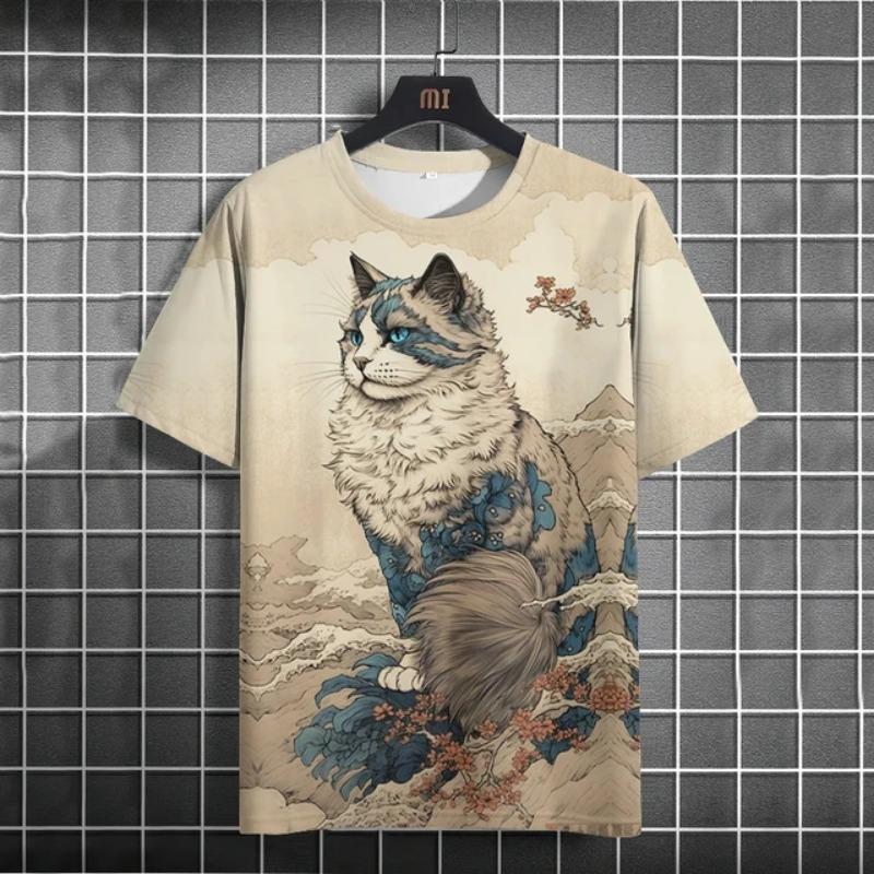 Women's Summer Casual Loose Plus Size 3D Cat Print Round Neck Short Sleeved T-shirt Top S- 6XL