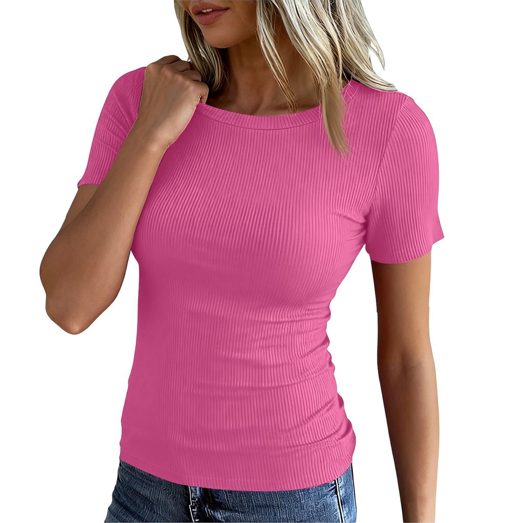 Ladies Slim Bottom T-shirt Fashion Casual Colour Round Neck Pullover Short Sleeve Top