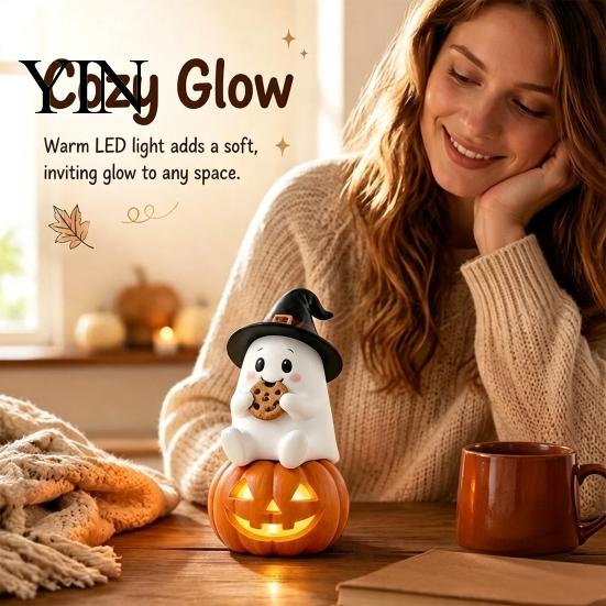 Miniature Ghost Statue Lighted Halloween Figurine, Spooky Resin Witch on Pumpkin/Holding Lantern LED Night Light Figurine with for Desktop Bookshelf
