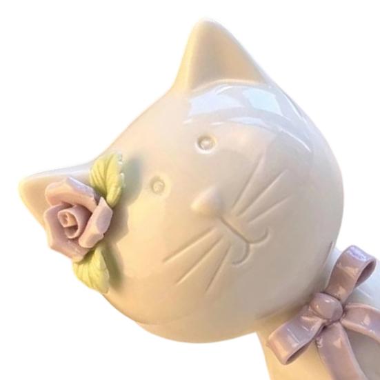 1/2Pcs Ceramic Bow Cat Figurine, Sitting Kitten Statue with Flower Decor, Mini Animal Desktop Ornament for Home Office