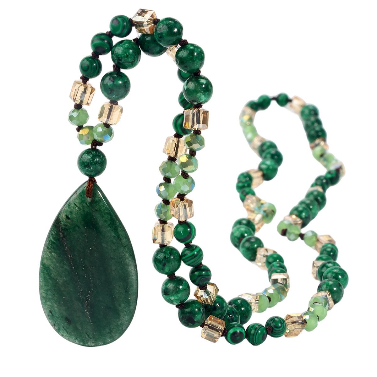 Зеленое Малахитовое Ожерелье в Европейском Этническом Стиле для Женщин - Ручная Работа с Подвеской в Форме Капли Воды на Высококачественной Узловой Цепочке для Свитера.